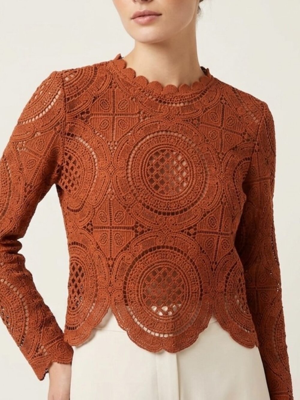 Blashe Terracotta Rust Crochet Lace Women's Long Sleeve Top Large Boho Coquette